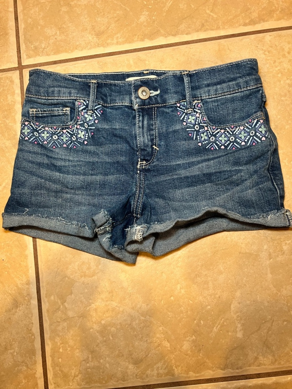 abercrombie kids Blue Denim Shorts with Colorful Pastel Painted Floral Pockets